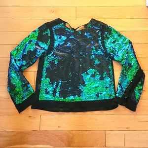 Dance & Marvel blue/green sequin metallic top with sheer panels Sz S